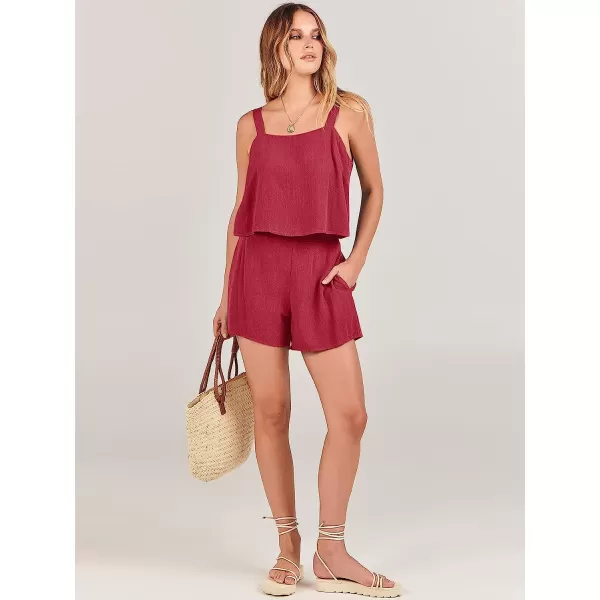 imageANRABESS Womens 2 Piece Outfits Linen Square Neck Crop Short Set Lounge Matching Sets 2023 Summer Trendy ClothesRed