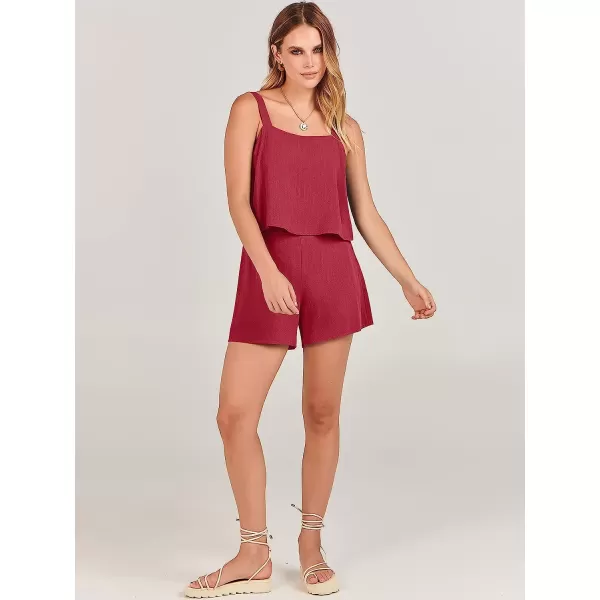 imageANRABESS Womens 2 Piece Outfits Linen Square Neck Crop Short Set Lounge Matching Sets 2023 Summer Trendy ClothesRed