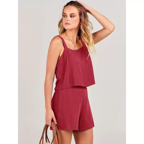 imageANRABESS Womens 2 Piece Outfits Linen Square Neck Crop Short Set Lounge Matching Sets 2023 Summer Trendy ClothesRed