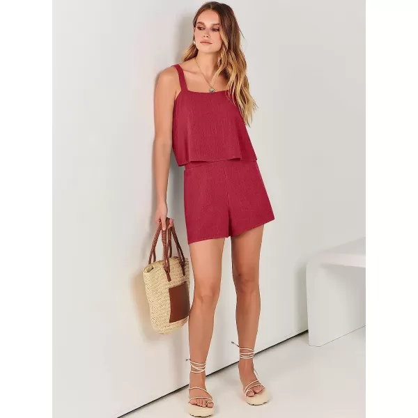 imageANRABESS Womens 2 Piece Outfits Linen Square Neck Crop Short Set Lounge Matching Sets 2023 Summer Trendy ClothesRed