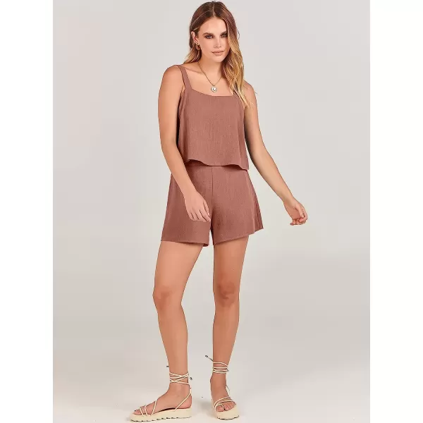 imageANRABESS Womens 2 Piece Outfits Linen Square Neck Crop Short Set Lounge Matching Sets 2023 Summer Trendy ClothesRust