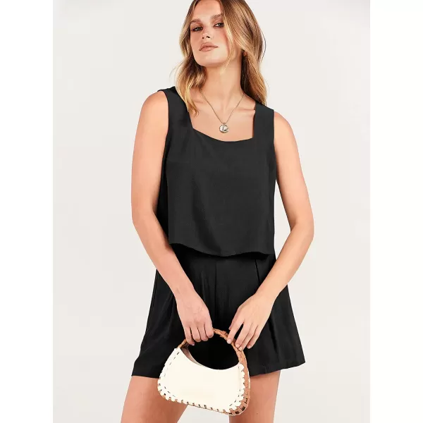 imageANRABESS Womens 2 Piece Outfits Linen Square Neck Crop Short Set Lounge Matching Sets 2023 Trendy Clothes Beach SummerBlack