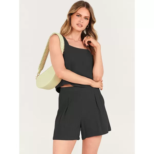imageANRABESS Womens 2 Piece Outfits Linen Square Neck Crop Short Set Lounge Matching Sets 2023 Trendy Clothes Beach SummerBlack