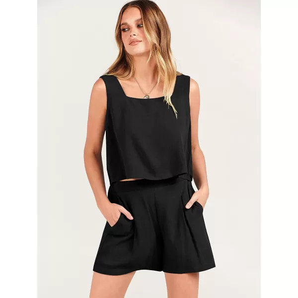 imageANRABESS Womens 2 Piece Outfits Linen Square Neck Crop Short Set Lounge Matching Sets 2023 Trendy Clothes Beach SummerBlack