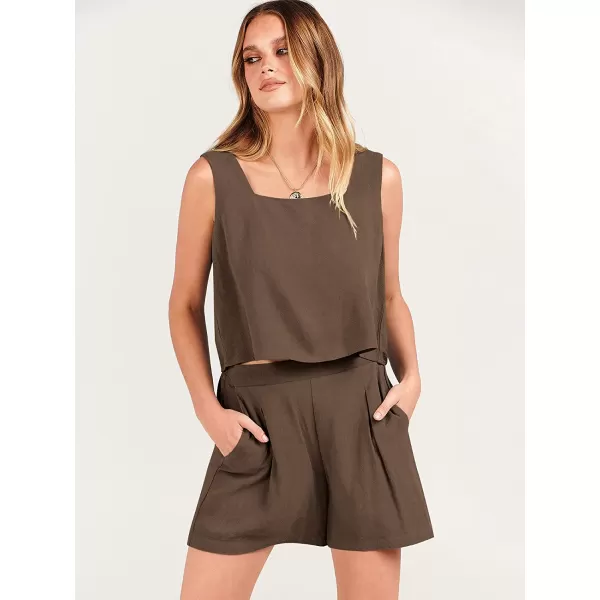 imageANRABESS Womens 2 Piece Outfits Linen Square Neck Crop Short Set Lounge Matching Sets 2023 Trendy Clothes Beach SummerBrown