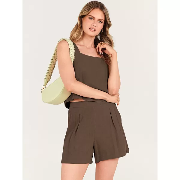 imageANRABESS Womens 2 Piece Outfits Linen Square Neck Crop Short Set Lounge Matching Sets 2023 Trendy Clothes Beach SummerBrown