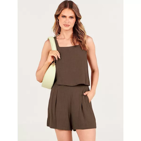 imageANRABESS Womens 2 Piece Outfits Linen Square Neck Crop Short Set Lounge Matching Sets 2023 Trendy Clothes Beach SummerBrown