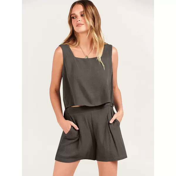 imageANRABESS Womens 2 Piece Outfits Linen Square Neck Crop Short Set Lounge Matching Sets 2023 Trendy Clothes Beach SummerDeep Gray