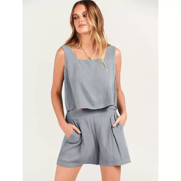 imageANRABESS Womens 2 Piece Outfits Linen Square Neck Crop Short Set Lounge Matching Sets 2023 Trendy Clothes Beach SummerGray