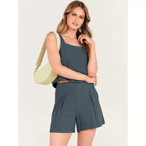 imageANRABESS Womens 2 Piece Outfits Linen Square Neck Crop Short Set Lounge Matching Sets 2023 Trendy Clothes Beach SummerGray Green