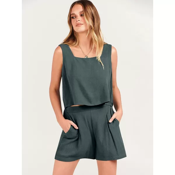 imageANRABESS Womens 2 Piece Outfits Linen Square Neck Crop Short Set Lounge Matching Sets 2023 Trendy Clothes Beach SummerGrey Blue