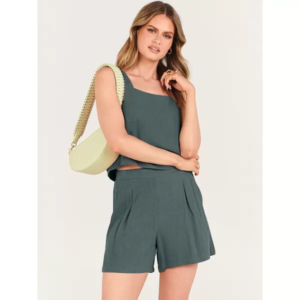 imageANRABESS Womens 2 Piece Outfits Linen Square Neck Crop Short Set Lounge Matching Sets 2023 Trendy Clothes Beach SummerGrey Blue