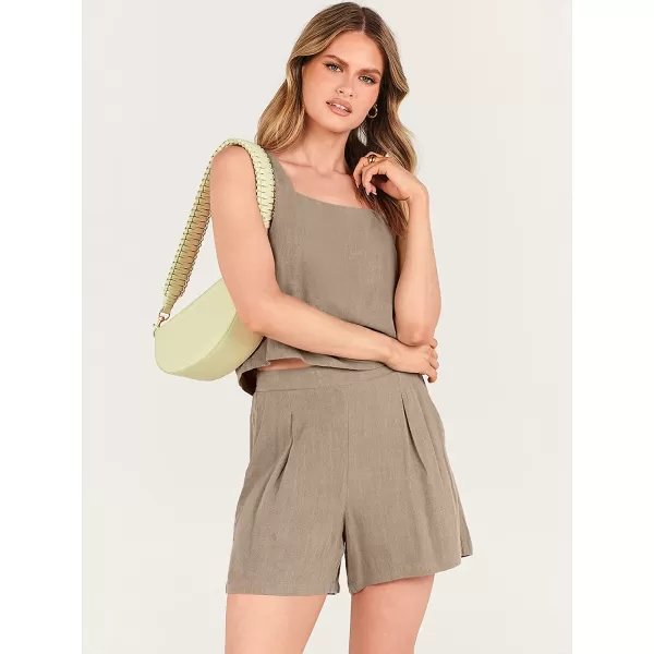 imageANRABESS Womens 2 Piece Outfits Linen Square Neck Crop Short Set Lounge Matching Sets 2023 Trendy Clothes Beach SummerKhaki