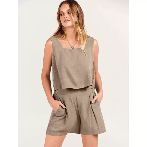imageANRABESS Womens 2 Piece Outfits Linen Square Neck Crop Short Set Lounge Matching Sets 2023 Trendy Clothes Beach SummerKhaki