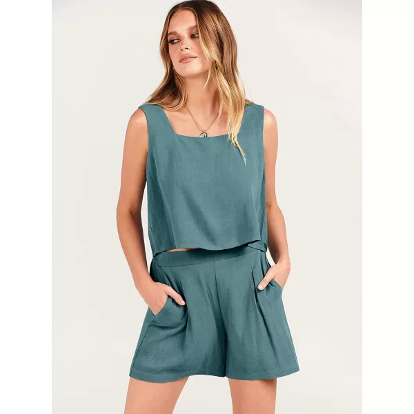 imageANRABESS Womens 2 Piece Outfits Linen Square Neck Crop Short Set Lounge Matching Sets 2023 Trendy Clothes Beach SummerLake