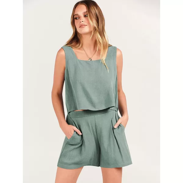 imageANRABESS Womens 2 Piece Outfits Linen Square Neck Crop Short Set Lounge Matching Sets 2023 Trendy Clothes Beach SummerLight Green