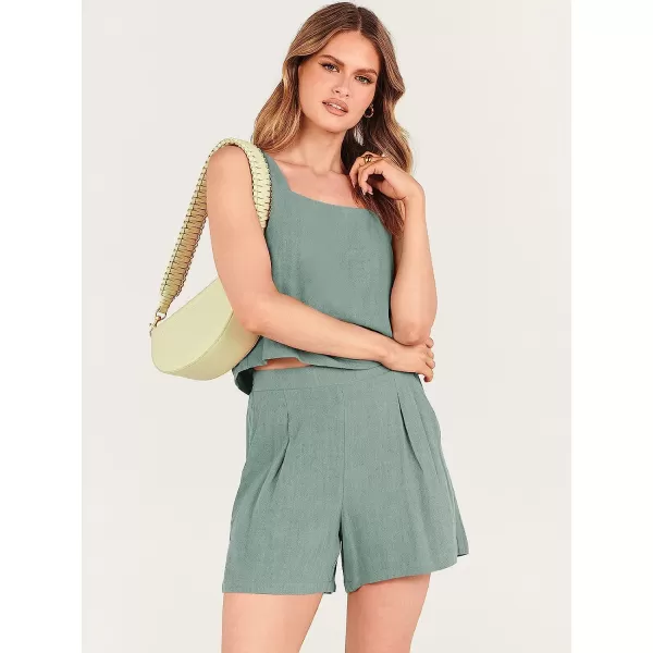 imageANRABESS Womens 2 Piece Outfits Linen Square Neck Crop Short Set Lounge Matching Sets 2023 Trendy Clothes Beach SummerLight Green