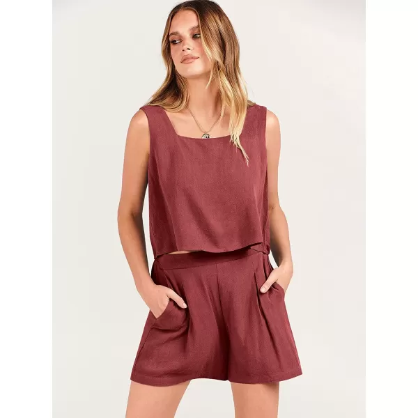 imageANRABESS Womens 2 Piece Outfits Linen Square Neck Crop Short Set Lounge Matching Sets 2023 Trendy Clothes Beach SummerMaroon