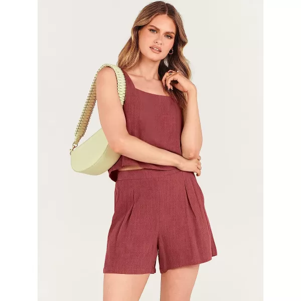 imageANRABESS Womens 2 Piece Outfits Linen Square Neck Crop Short Set Lounge Matching Sets 2023 Trendy Clothes Beach SummerMaroon