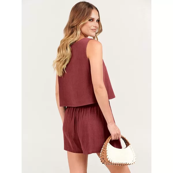 imageANRABESS Womens 2 Piece Outfits Linen Square Neck Crop Short Set Lounge Matching Sets 2023 Trendy Clothes Beach SummerMaroon