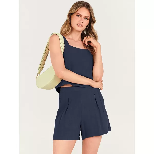 imageANRABESS Womens 2 Piece Outfits Linen Square Neck Crop Short Set Lounge Matching Sets 2023 Trendy Clothes Beach SummerNavy Blue