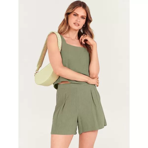 imageANRABESS Womens 2 Piece Outfits Linen Square Neck Crop Short Set Lounge Matching Sets 2023 Trendy Clothes Beach SummerOlive