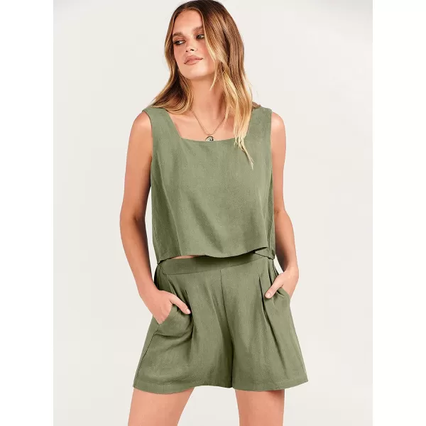 imageANRABESS Womens 2 Piece Outfits Linen Square Neck Crop Short Set Lounge Matching Sets 2023 Trendy Clothes Beach SummerOlive