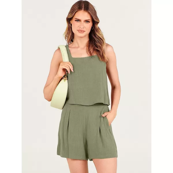 imageANRABESS Womens 2 Piece Outfits Linen Square Neck Crop Short Set Lounge Matching Sets 2023 Trendy Clothes Beach SummerOlive