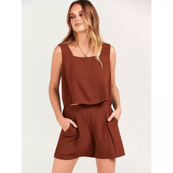imageANRABESS Womens 2 Piece Outfits Linen Square Neck Crop Short Set Lounge Matching Sets 2023 Trendy Clothes Beach SummerRed
