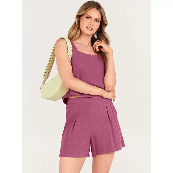 imageANRABESS Womens 2 Piece Outfits Linen Square Neck Crop Short Set Lounge Matching Sets 2023 Trendy Clothes Beach SummerRose
