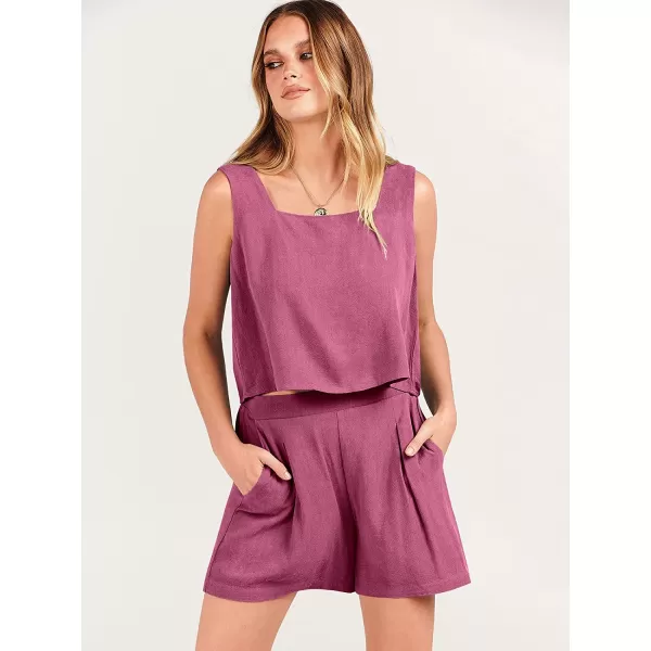 imageANRABESS Womens 2 Piece Outfits Linen Square Neck Crop Short Set Lounge Matching Sets 2023 Trendy Clothes Beach SummerRose