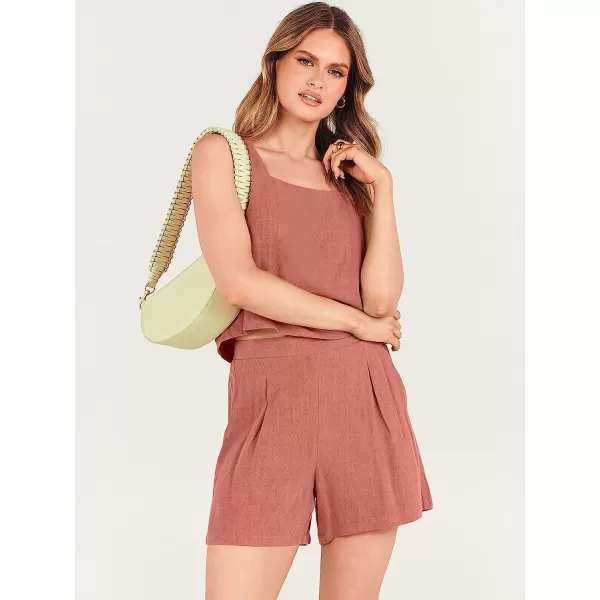 imageANRABESS Womens 2 Piece Outfits Linen Square Neck Crop Short Set Lounge Matching Sets 2023 Trendy Clothes Beach SummerRust
