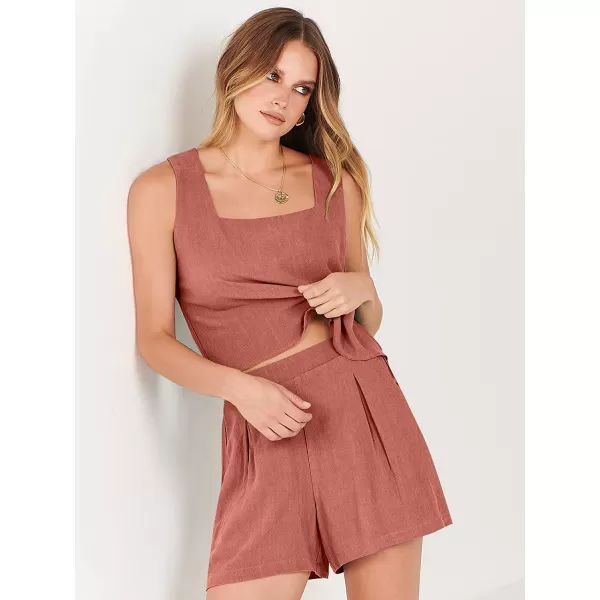 imageANRABESS Womens 2 Piece Outfits Linen Square Neck Crop Short Set Lounge Matching Sets 2023 Trendy Clothes Beach SummerRust