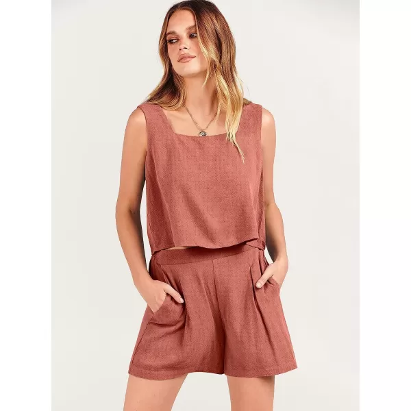imageANRABESS Womens 2 Piece Outfits Linen Square Neck Crop Short Set Lounge Matching Sets 2023 Trendy Clothes Beach SummerRust