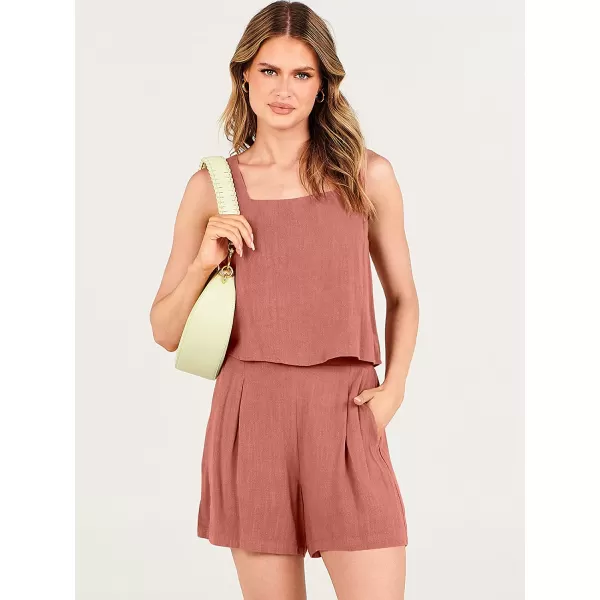 imageANRABESS Womens 2 Piece Outfits Linen Square Neck Crop Short Set Lounge Matching Sets 2023 Trendy Clothes Beach SummerRust