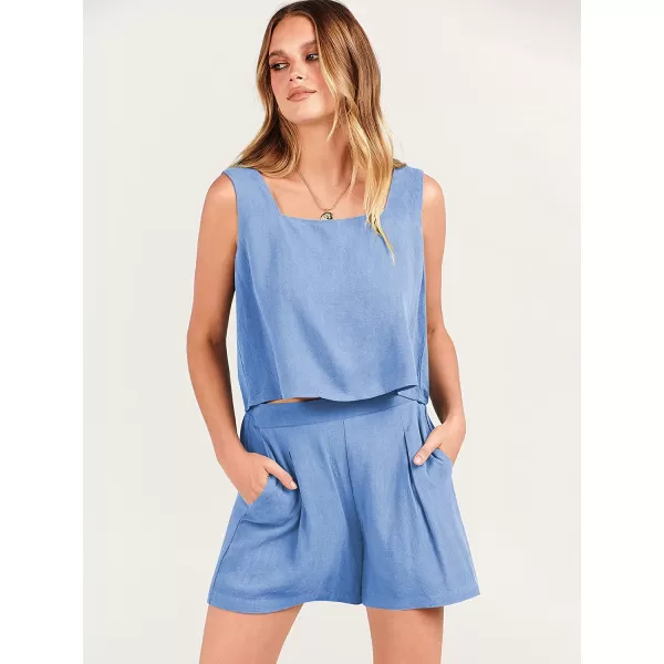 imageANRABESS Womens 2 Piece Outfits Linen Square Neck Crop Short Set Lounge Matching Sets 2023 Trendy Clothes Beach SummerSky Blue