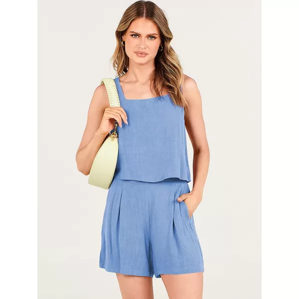 imageANRABESS Womens 2 Piece Outfits Linen Square Neck Crop Short Set Lounge Matching Sets 2023 Trendy Clothes Beach SummerSky Blue