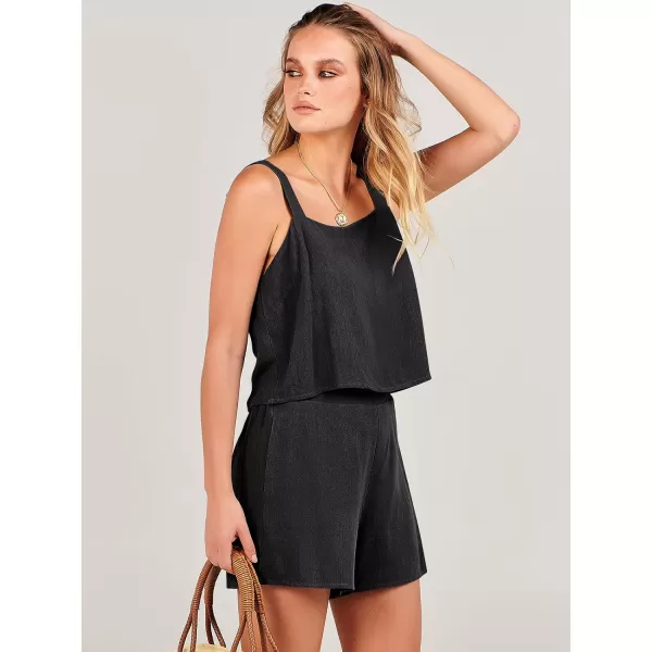 imageANRABESS Womens 2 Piece Outfits Linen Square Neck Crop Short Set Lounge Matching Sets 2024 Summer Trendy ClothesBlack