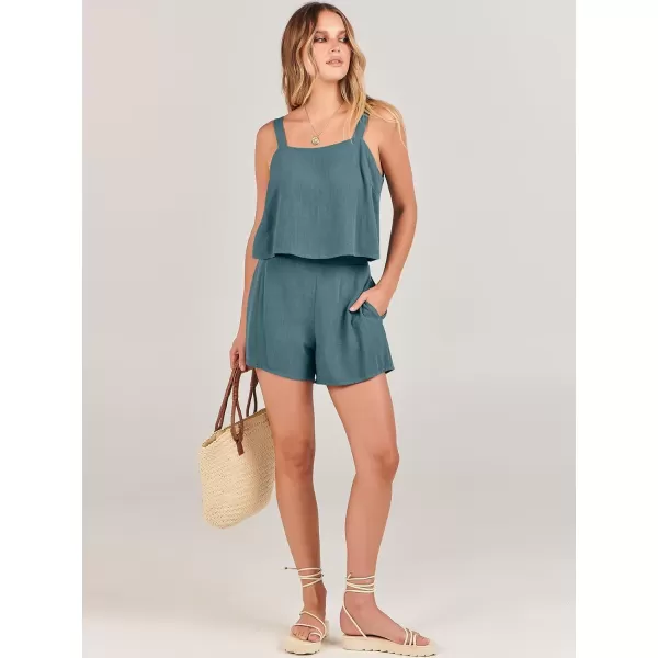 imageANRABESS Womens 2 Piece Outfits Linen Square Neck Crop Short Set Lounge Matching Sets 2024 Summer Trendy ClothesBlue