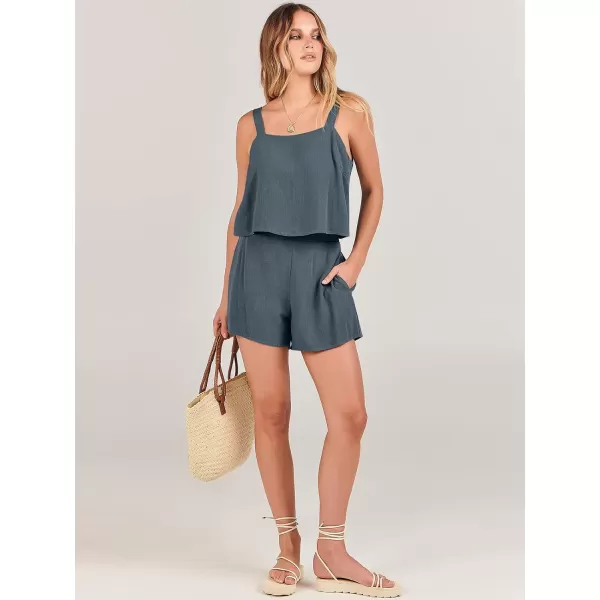 imageANRABESS Womens 2 Piece Outfits Linen Square Neck Crop Short Set Lounge Matching Sets 2024 Summer Trendy ClothesGray Blue