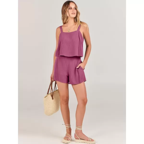 imageANRABESS Womens 2 Piece Outfits Linen Square Neck Crop Short Set Lounge Matching Sets 2024 Summer Trendy ClothesHot Pink