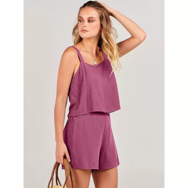 imageANRABESS Womens 2 Piece Outfits Linen Square Neck Crop Short Set Lounge Matching Sets 2024 Summer Trendy ClothesHot Pink