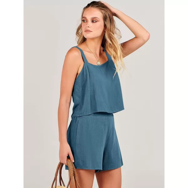 imageANRABESS Womens 2 Piece Outfits Linen Square Neck Crop Short Set Lounge Matching Sets 2024 Summer Trendy ClothesLakeblue