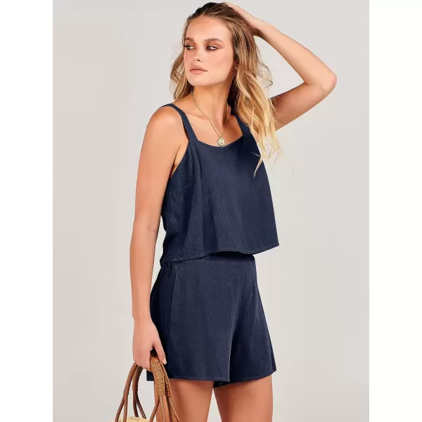 imageANRABESS Womens 2 Piece Outfits Linen Square Neck Crop Short Set Lounge Matching Sets 2024 Summer Trendy ClothesNavy Blue