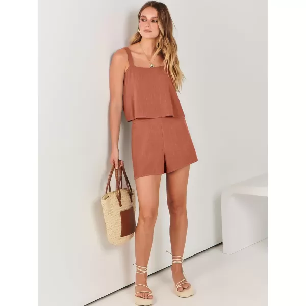imageANRABESS Womens 2 Piece Outfits Linen Square Neck Crop Short Set Lounge Matching Sets 2024 Summer Trendy ClothesOrange Rust