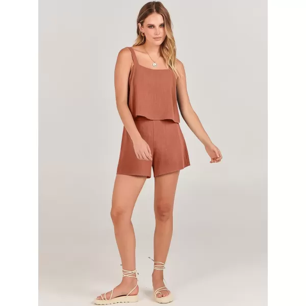 imageANRABESS Womens 2 Piece Outfits Linen Square Neck Crop Short Set Lounge Matching Sets 2024 Summer Trendy ClothesOrange Rust