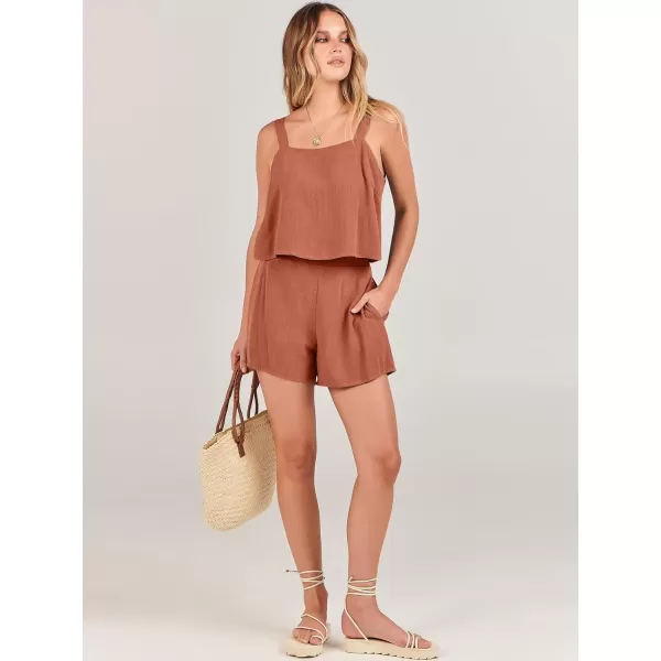 imageANRABESS Womens 2 Piece Outfits Linen Square Neck Crop Short Set Lounge Matching Sets 2024 Summer Trendy ClothesOrange Rust