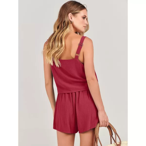 imageANRABESS Womens 2 Piece Outfits Linen Square Neck Crop Short Set Lounge Matching Sets 2024 Summer Trendy ClothesRed