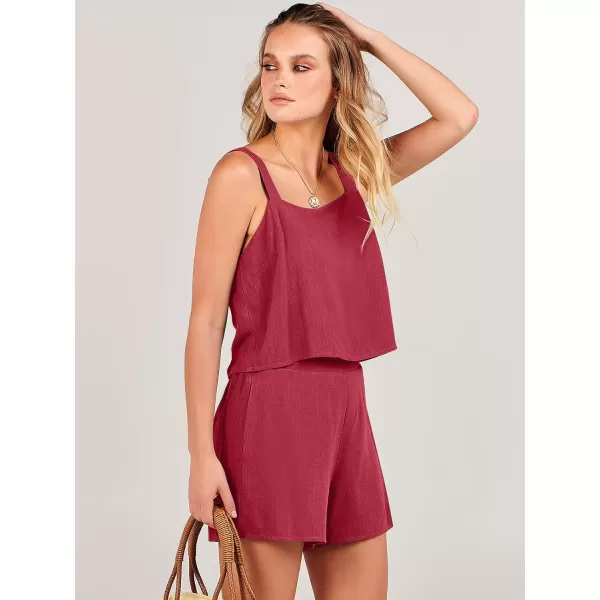 imageANRABESS Womens 2 Piece Outfits Linen Square Neck Crop Short Set Lounge Matching Sets 2024 Summer Trendy ClothesRed