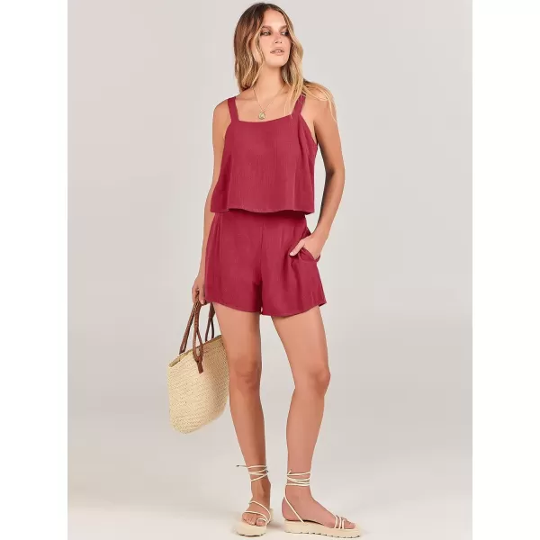 imageANRABESS Womens 2 Piece Outfits Linen Square Neck Crop Short Set Lounge Matching Sets 2024 Summer Trendy ClothesRed